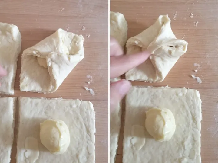 two photos showing how to make a cheese danish packet