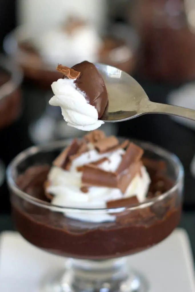 a closeup of a spoonful of dark chocolate pudding and whipped cream