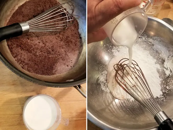 two side by side photos showing how to mix the cocoa, sugar and milk to begin making dark chocolate pudding