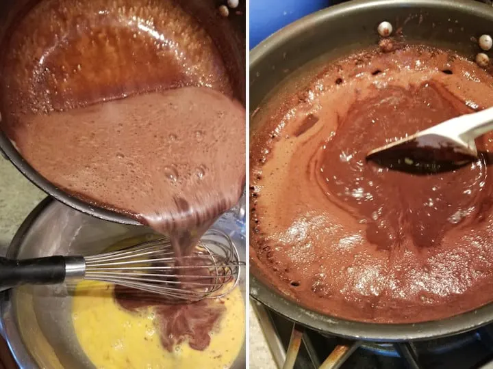 two side by side photos showing how to "liason" the eggs and cornstarch into chocolate pudding