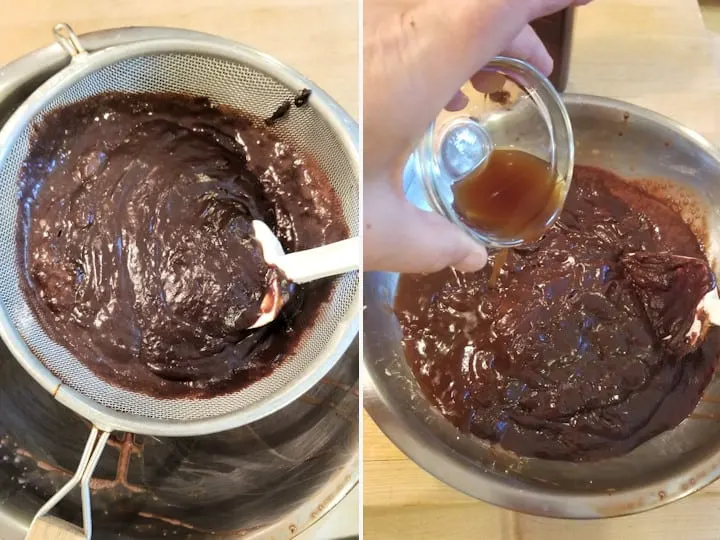 two photos showing how to strain chocolate pudding and add the flavorings