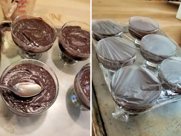 two photos showing how to portion and store bowls of homemade dark chocolate pudding