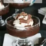 an image for a dark chocolate pudding recipe with text overlay for pinterest