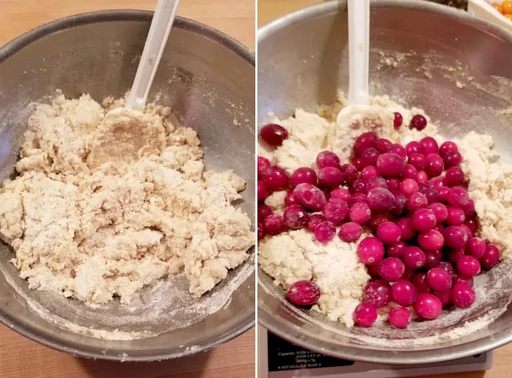 two photos showing how to mix cranberry orange scone dough