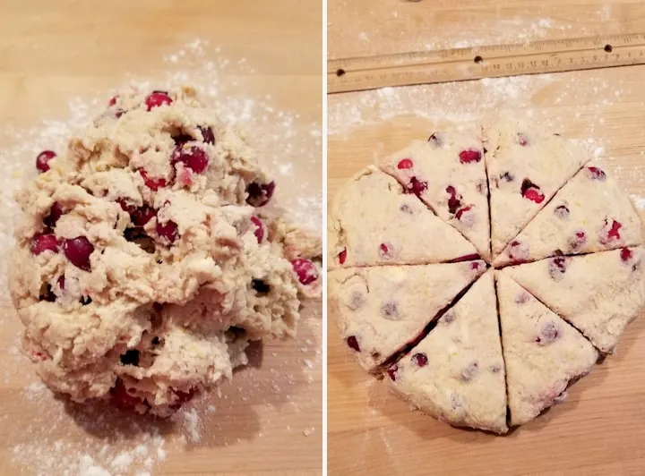 two photos showing how to shape and cut cranberry orange scones