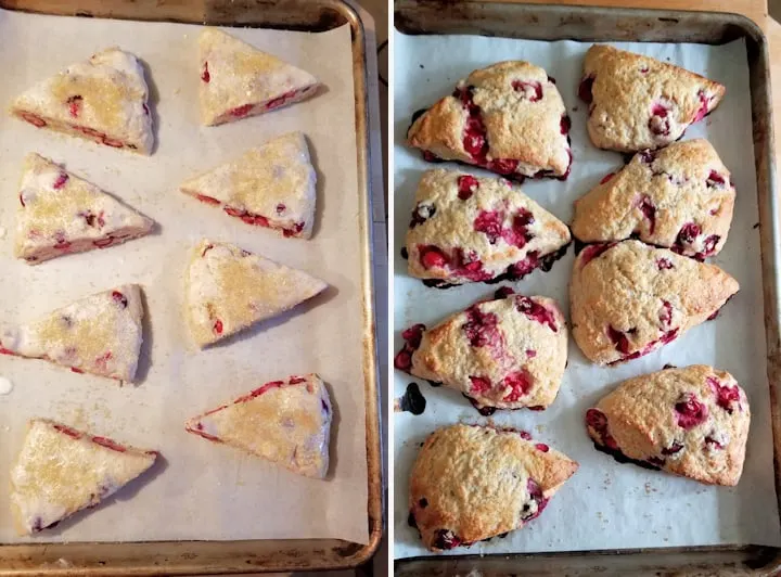 two photos showing cranberry orange scones before and after baking