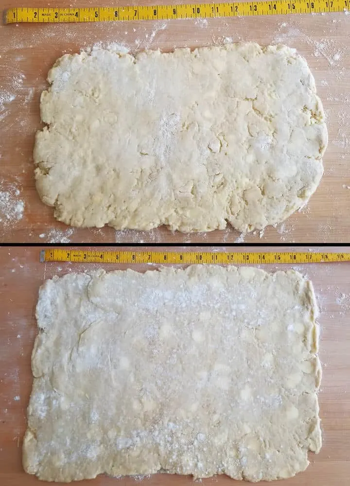 Two photos showing danish pastry dough at the beginning of layering
