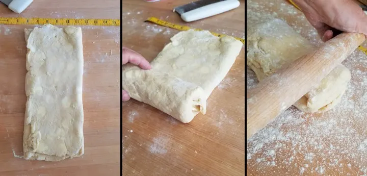 three photos showing how to layer quick danish dough