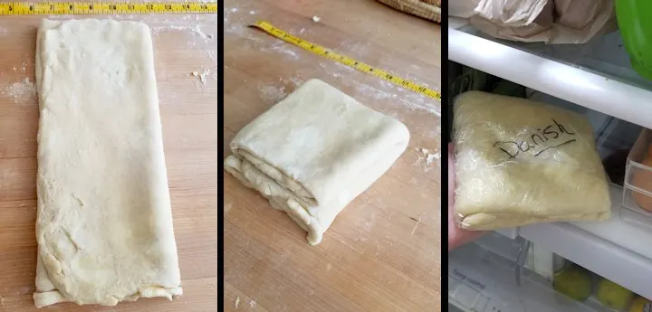 three photos showing how to finish layering quick danish dough. 