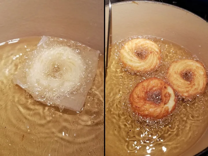 two photos showing how to fry french crullers