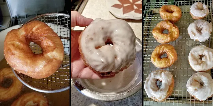 three photos showing how to glaze french crullers
