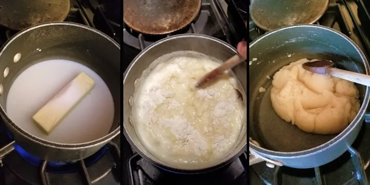 three side by side photos showing how to cook the base for pate a choux