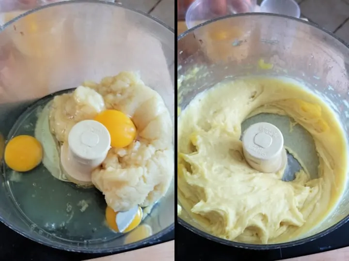 two photos showing before and after eggs are added to batter for french crullers