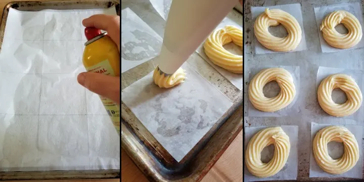 three side by side photos showing how to pipe french crullers