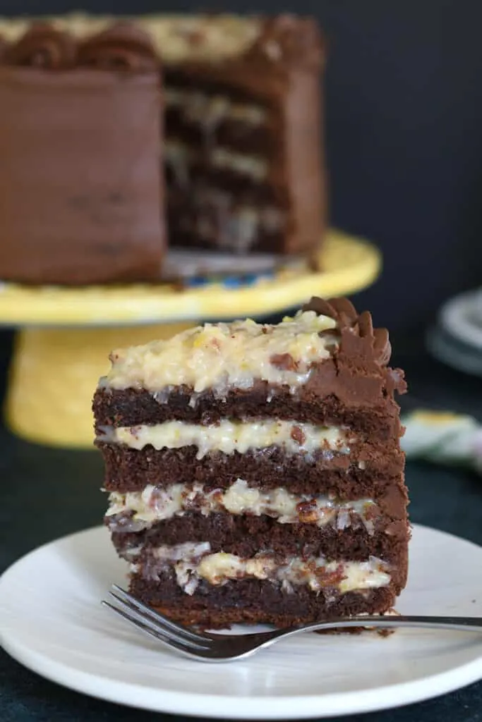 a slice of german chocolate cake standing up on a plate.