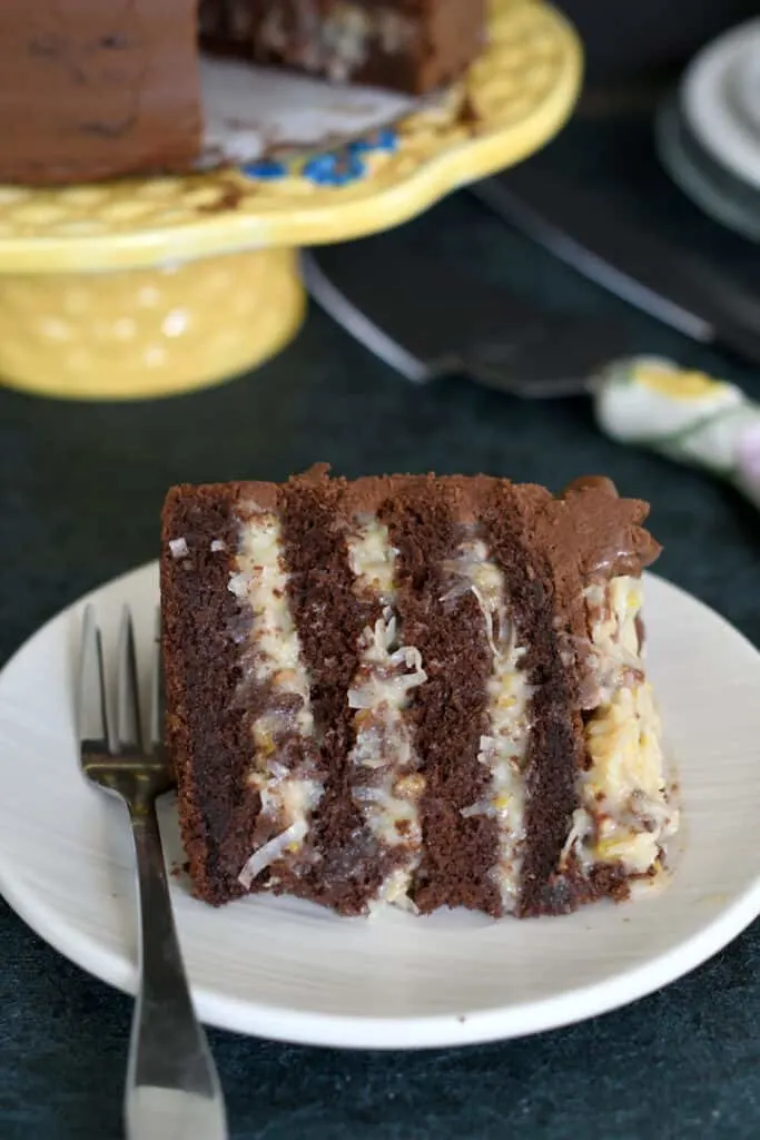 a slice of german chocolate cake on a white plate