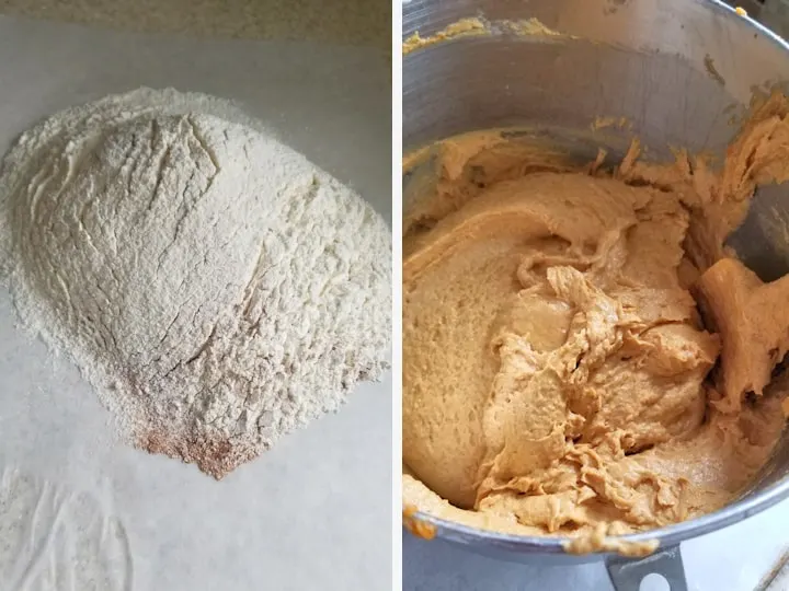 two photos showing how to mix pumpkin batter for whoopie pies.