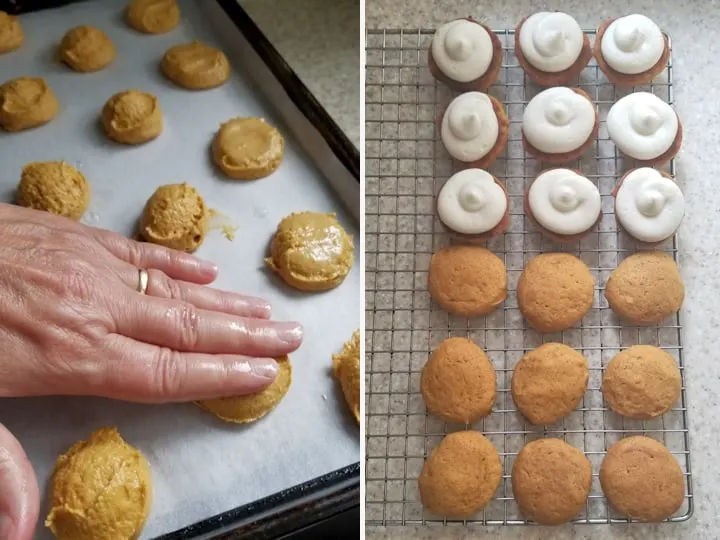 two photos showing how to form and fill pumpkin whoopie pies.