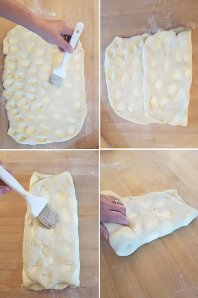 four images showing how to fold butter into sourdough danish pastry
