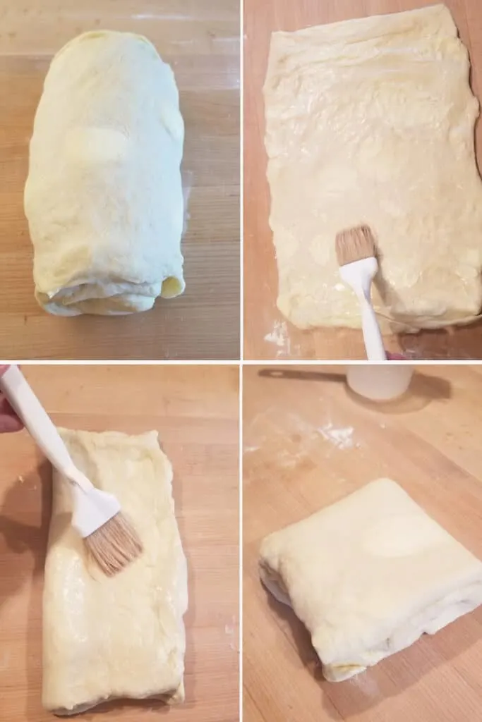 four photos showing the last stages of laminating sourdough danish