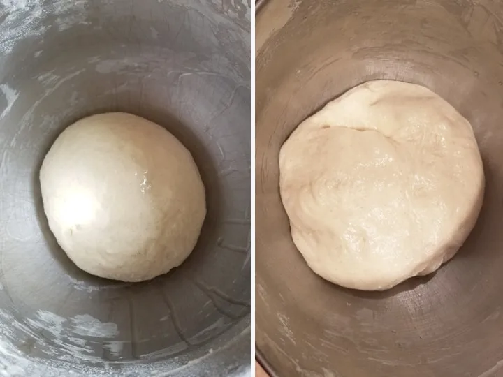 two photos showing sourdough danish pastry before and after fermentation