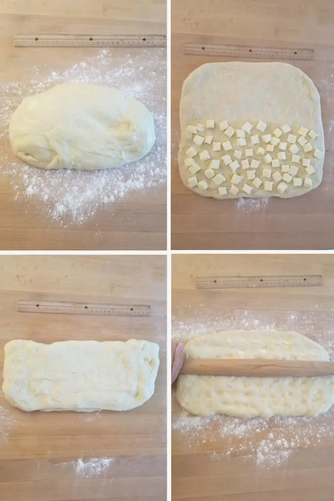 four photos showing how to fold the butter into sourdough danish pastry