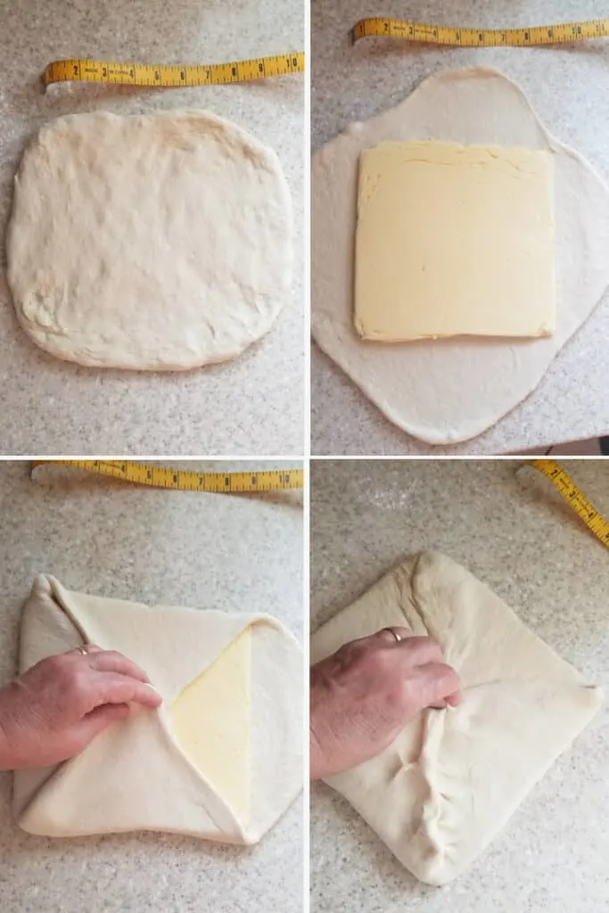 four process photos showing how to fold the butter into sourdough
