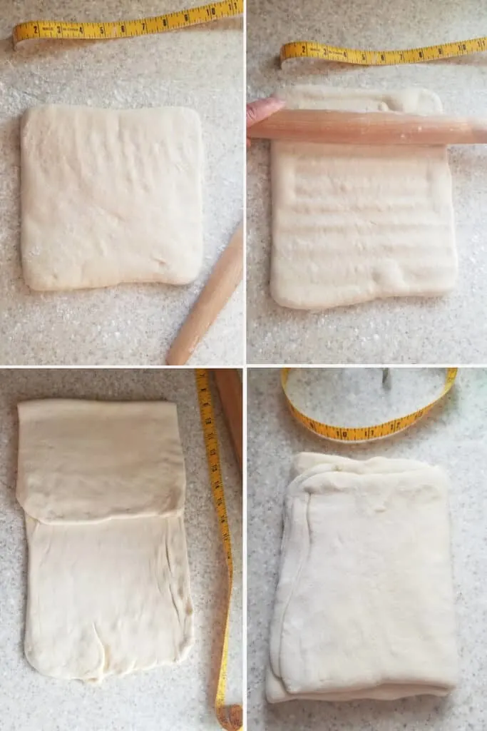 four process photos showing how to do folds for kougin amann dough