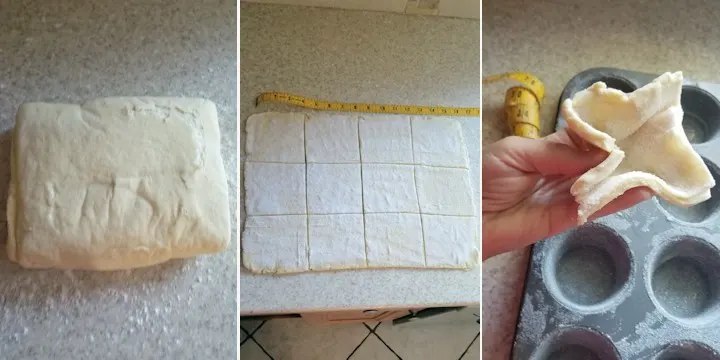 Three photos showing how to roll, cut and shape sourdough kouign amann