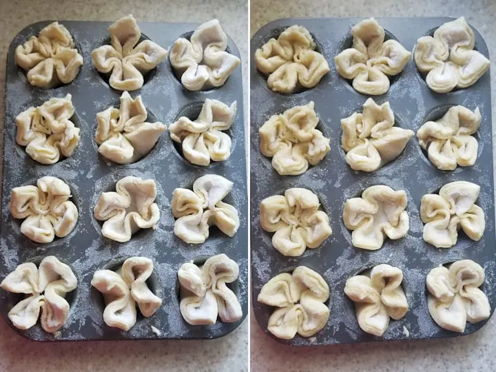 two photos showing Kouign Amann before and after rising