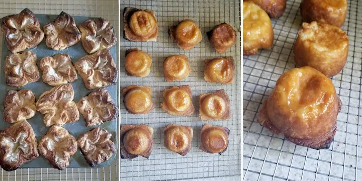three photos showing how to cool sourdough kougin amann