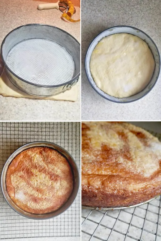 four process photos showing how to shape a kouign-amann cake