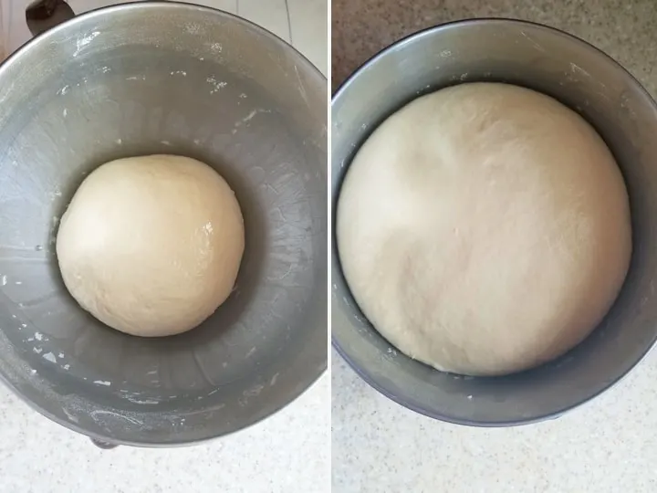 side by side shots of yeasted dough before and after rising.