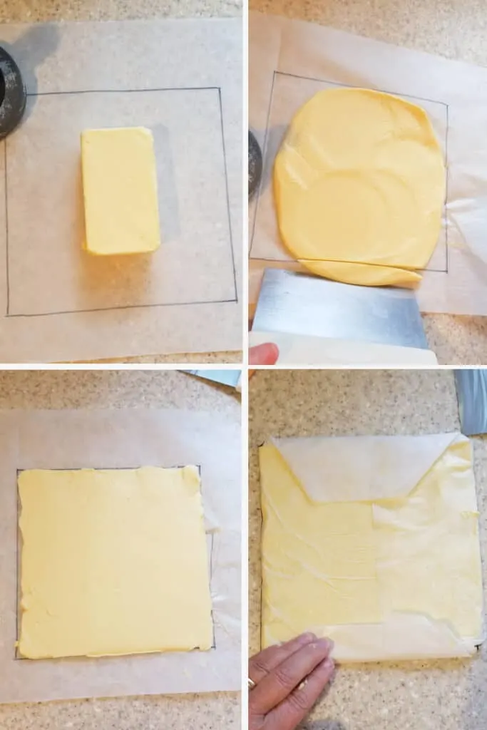 four photos showing how to make a butter packet for laminating dough