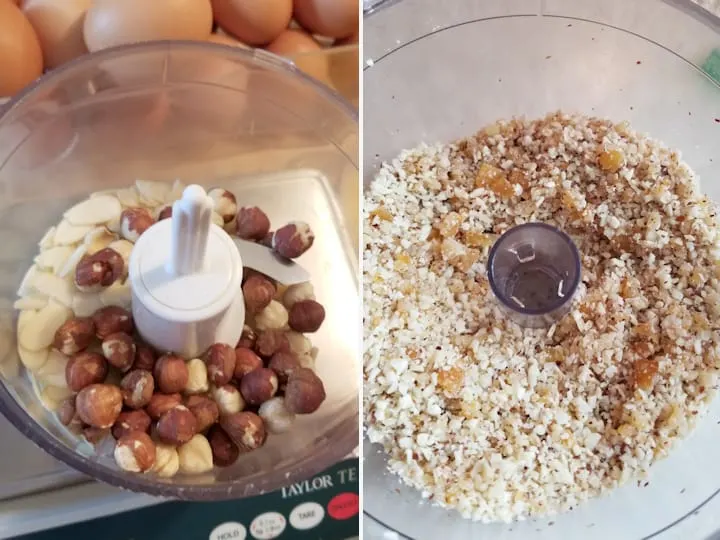 two photos showing how to grind nuts and orange peel for making german gingerbread