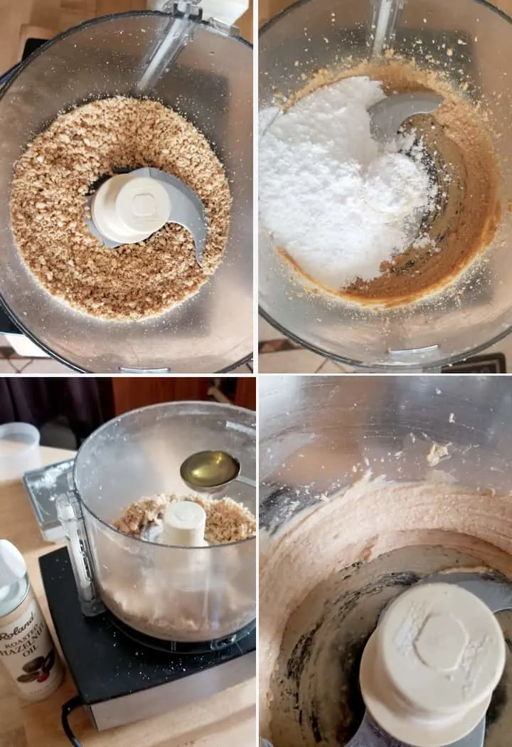 A food processor with ground hazelnuts. Powdered sugar and oil added to hazelnuts. Hazelnut paste in food processor.