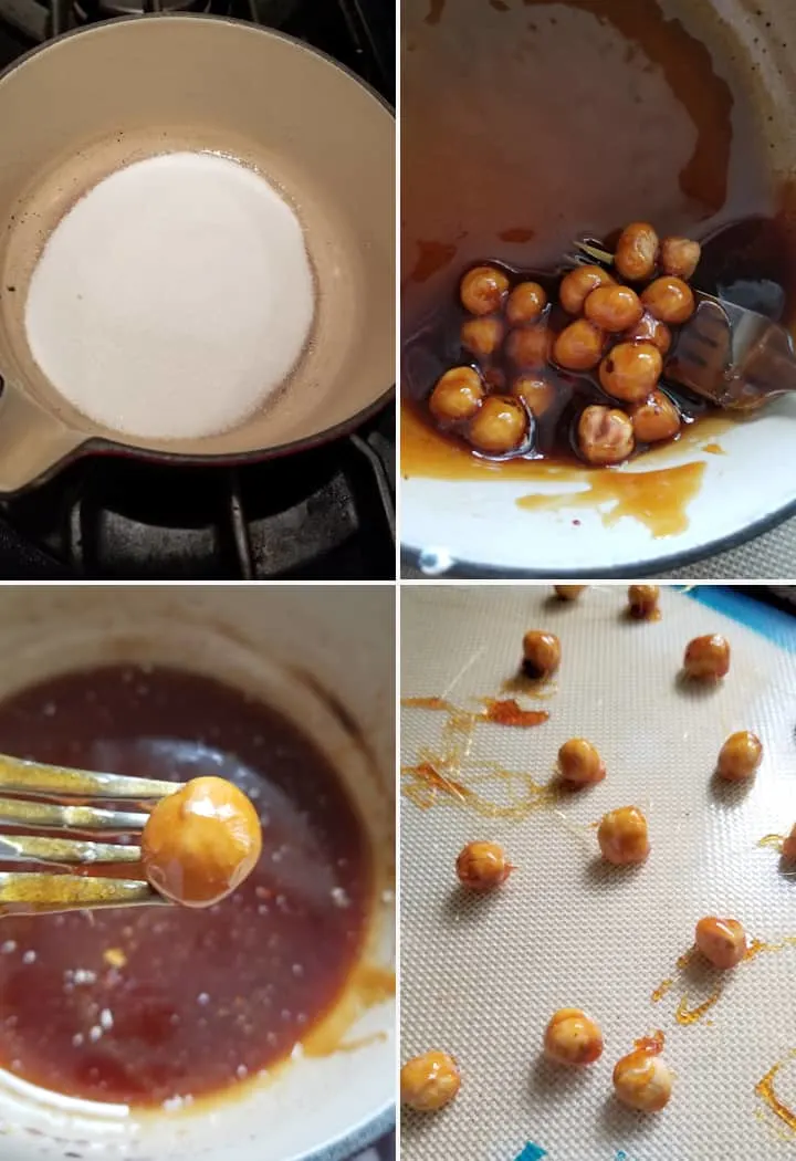 A pot with sugar. A pot of caramel with hazelnuts. Caramel coated hazelnuts on a silicone mat.