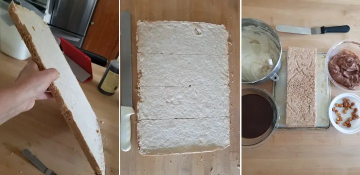 A dacquoise sheet cut into 4. Ingredients for marjolaine on a counter top.