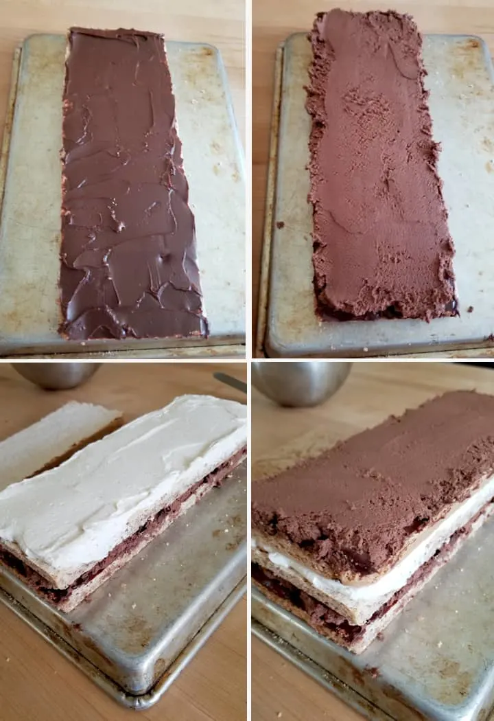 A chocolate covered dacquoise on a sheet pan. Assembling marjolaine layers.