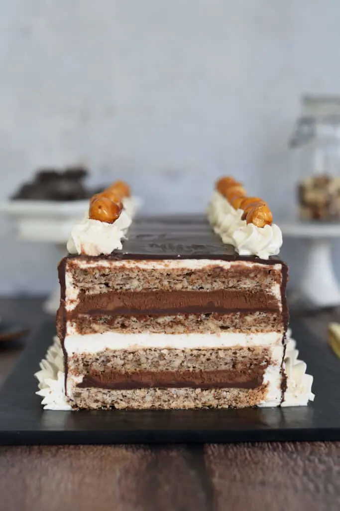 a closeup photo of a cross section of a marjolaine cake showing all the layers