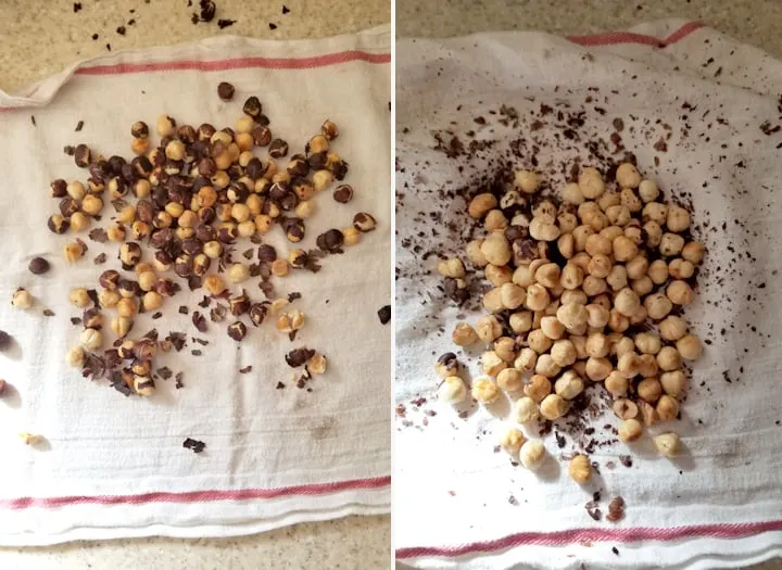 toasted hazelnuts on a kitchen towel.