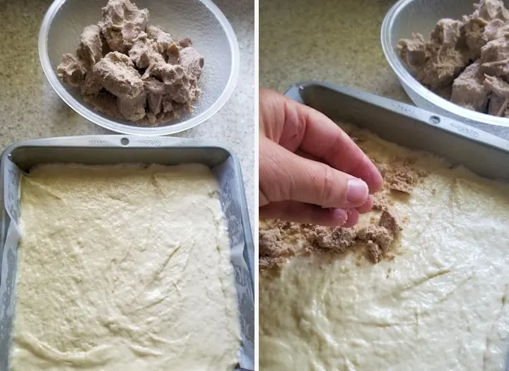 two photos showing how to assemble sourdough crumb cake