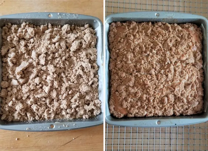 two photos showing sourdough crumb cake before and after baking