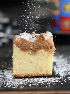 a slice of sourdough crumb cake on a plate