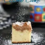 a photo of sourdough crumb cake for pinterest with text overlay