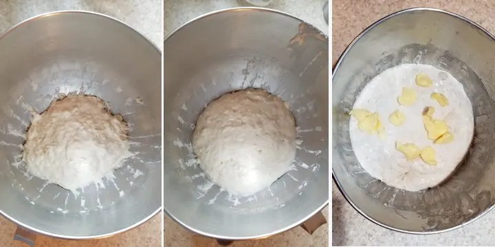 three side by side photos showing how to mix sourdough kouign amann