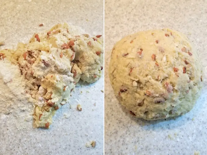 two side by side photos showing how to finish mixing sourdough biscotti dough