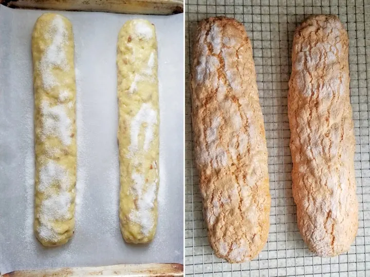 two side by side photos showing sourdough biscotti before and after baking.