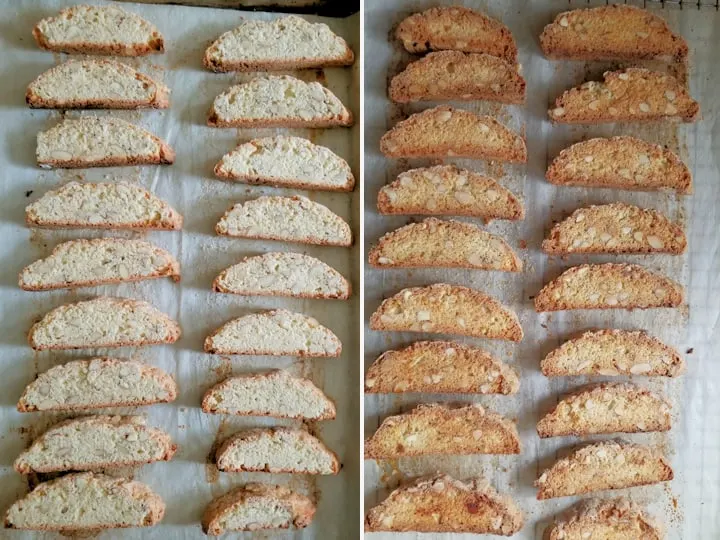 two photos showing biscotti before and after toasting