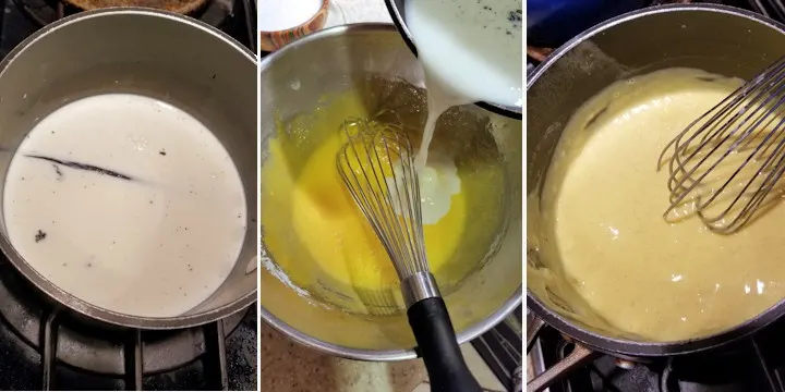 three side by side photos showing how to make vanilla custard as the base for vanilla mousse